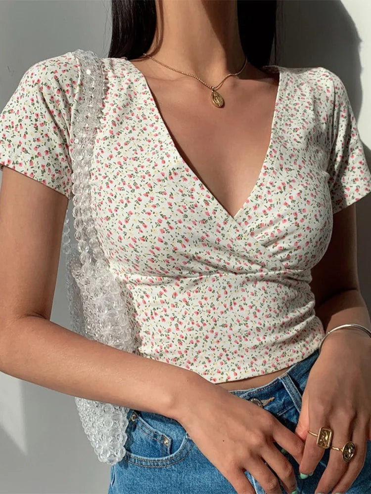 Summer French retro floral V-neck short-sleeved