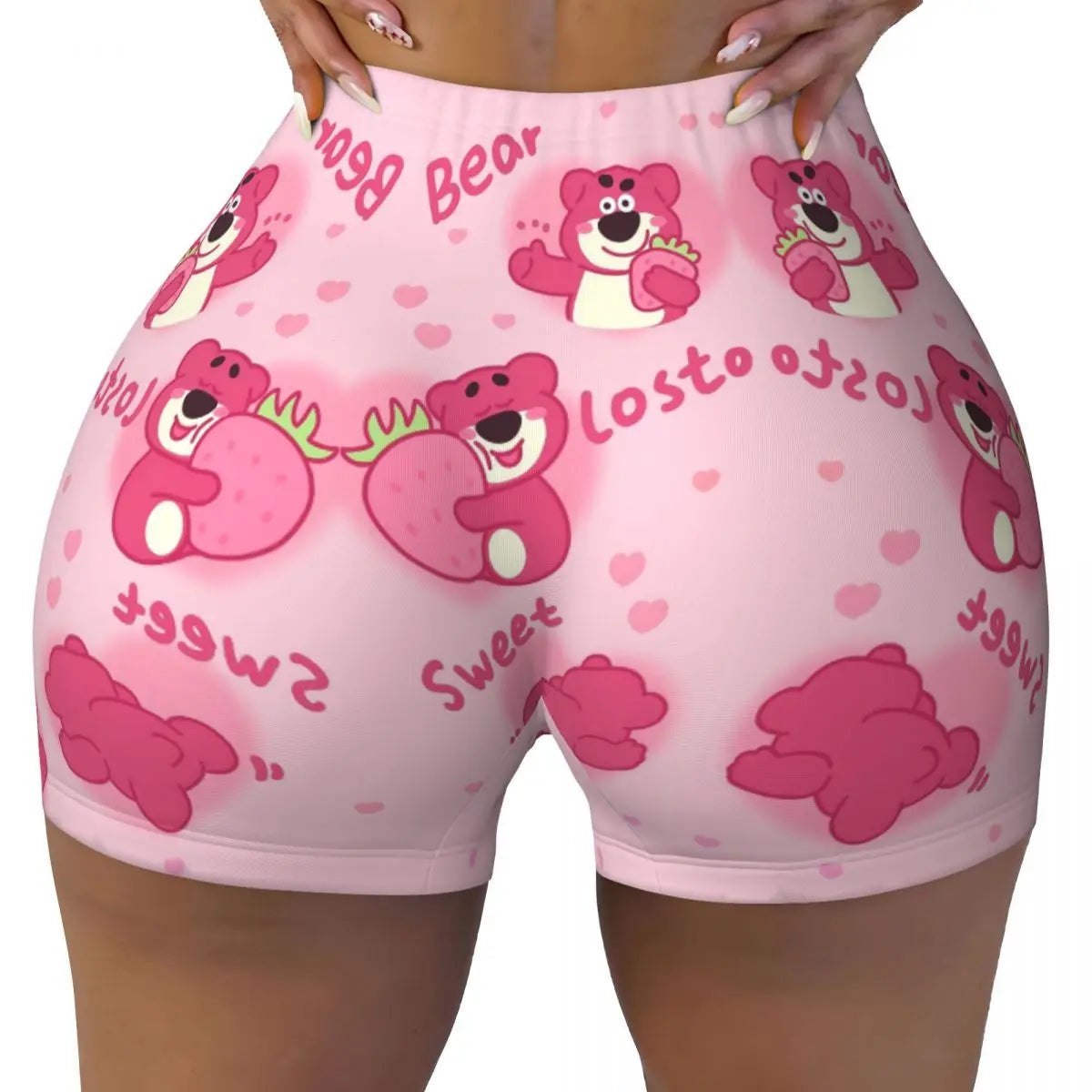 Custom Lotso Huggin-Strawberry Bear Cute Anime Cartoon Workout Shorts Women Gym Volleyball Running Yoga Shorts