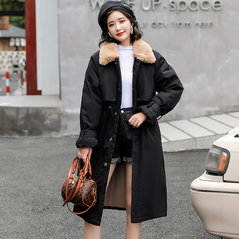 Thick Lamb Wool Down Jacket Women Winter Fur Collar Long Parka Coat