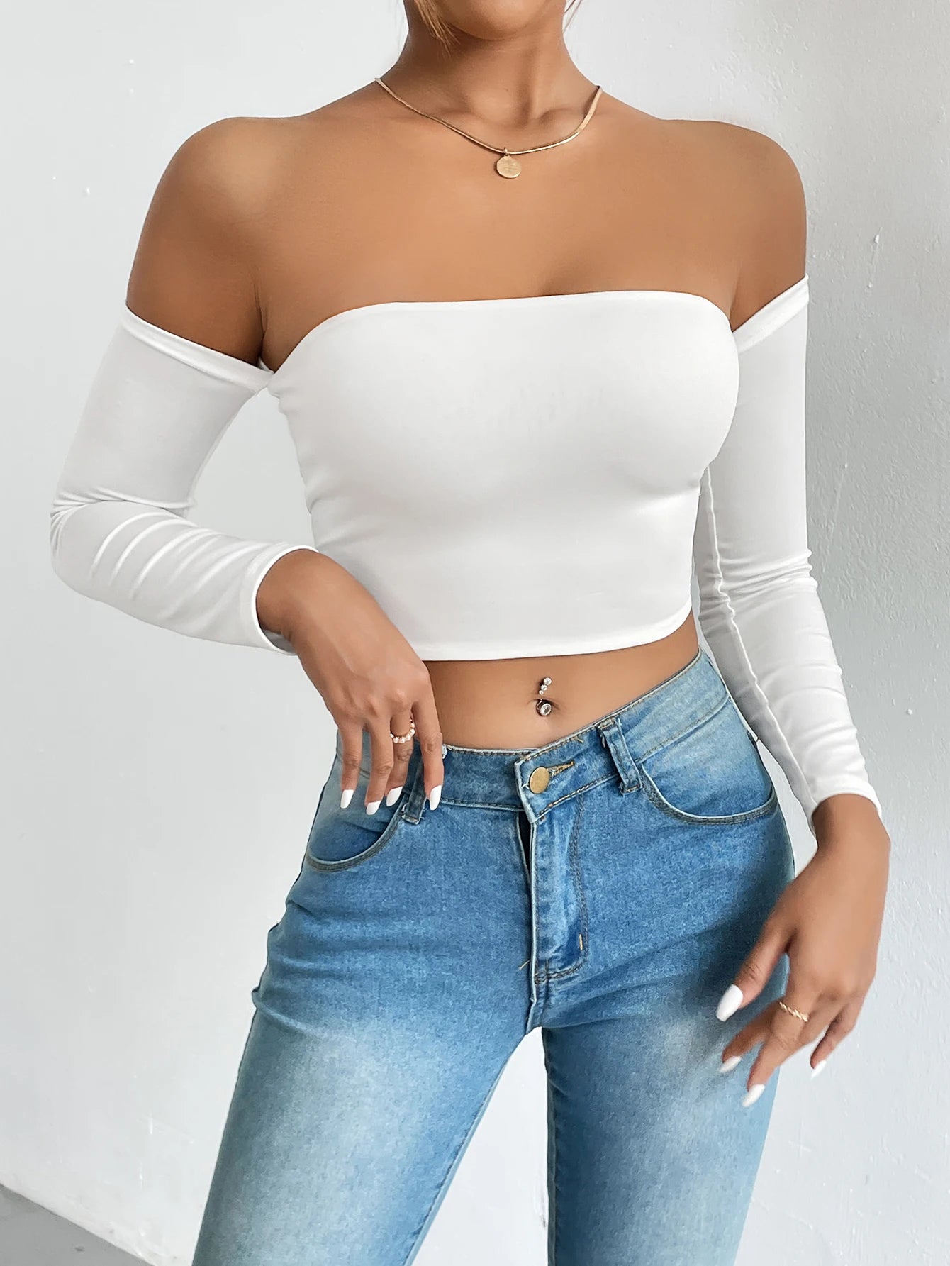 Off Shoulder Crop T-Shirt, Casual Long Sleeve