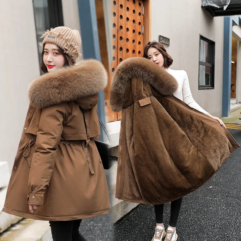 Women Parka Fashion Long Coat Wool Liner Hooded