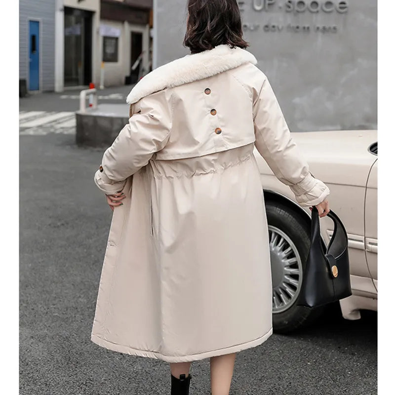 Thick Lamb Wool Down Jacket Women Winter Fur Collar Long Parka Coat