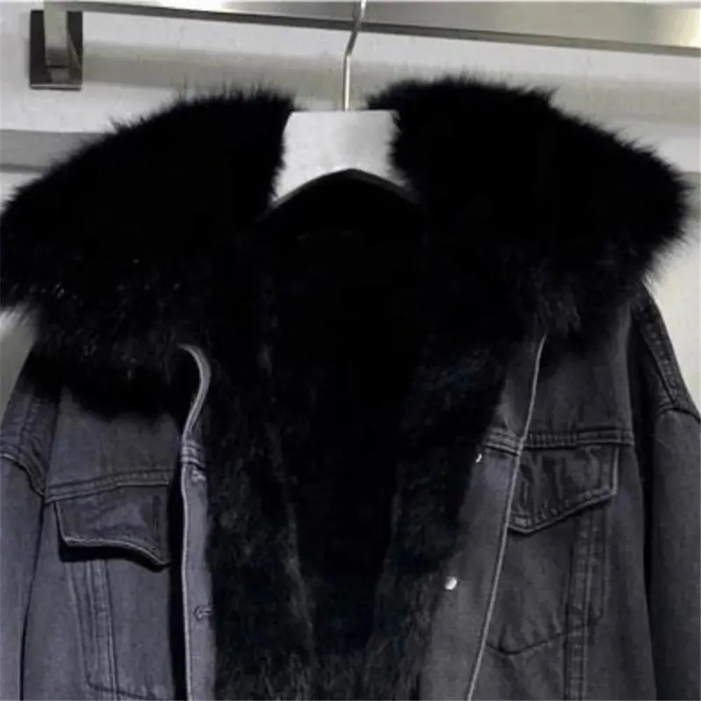 With Fur Snow Wear Oversized Jean Jacket Women