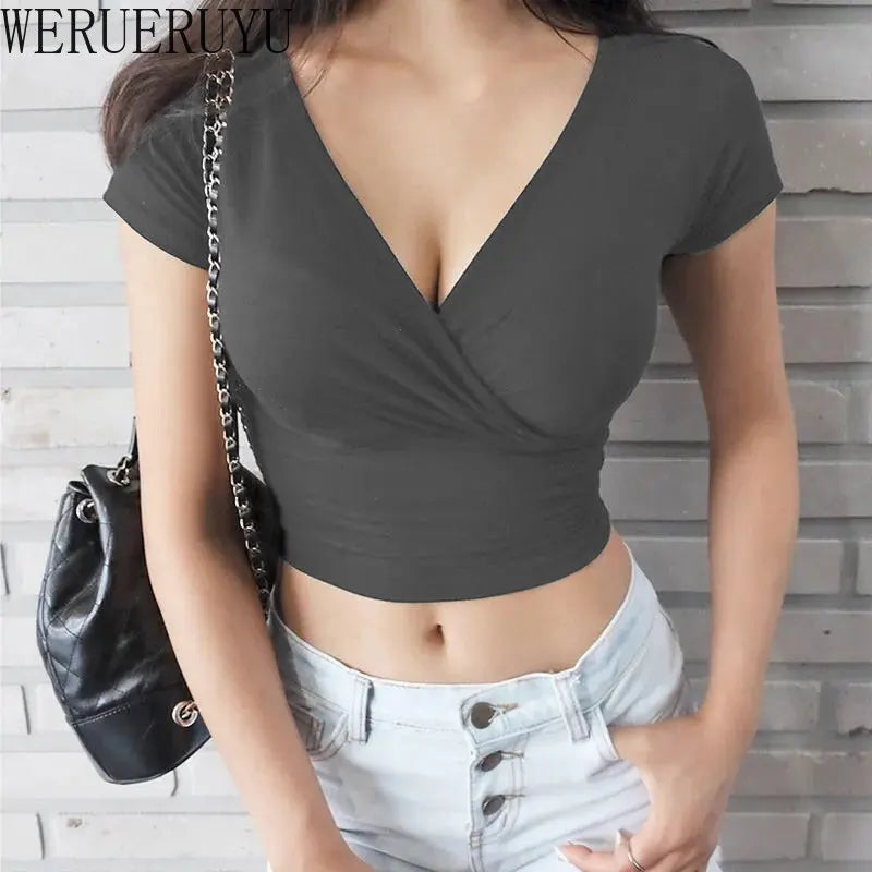 V-neck T-shirt Short Sleeve Y2k Crop Top Women