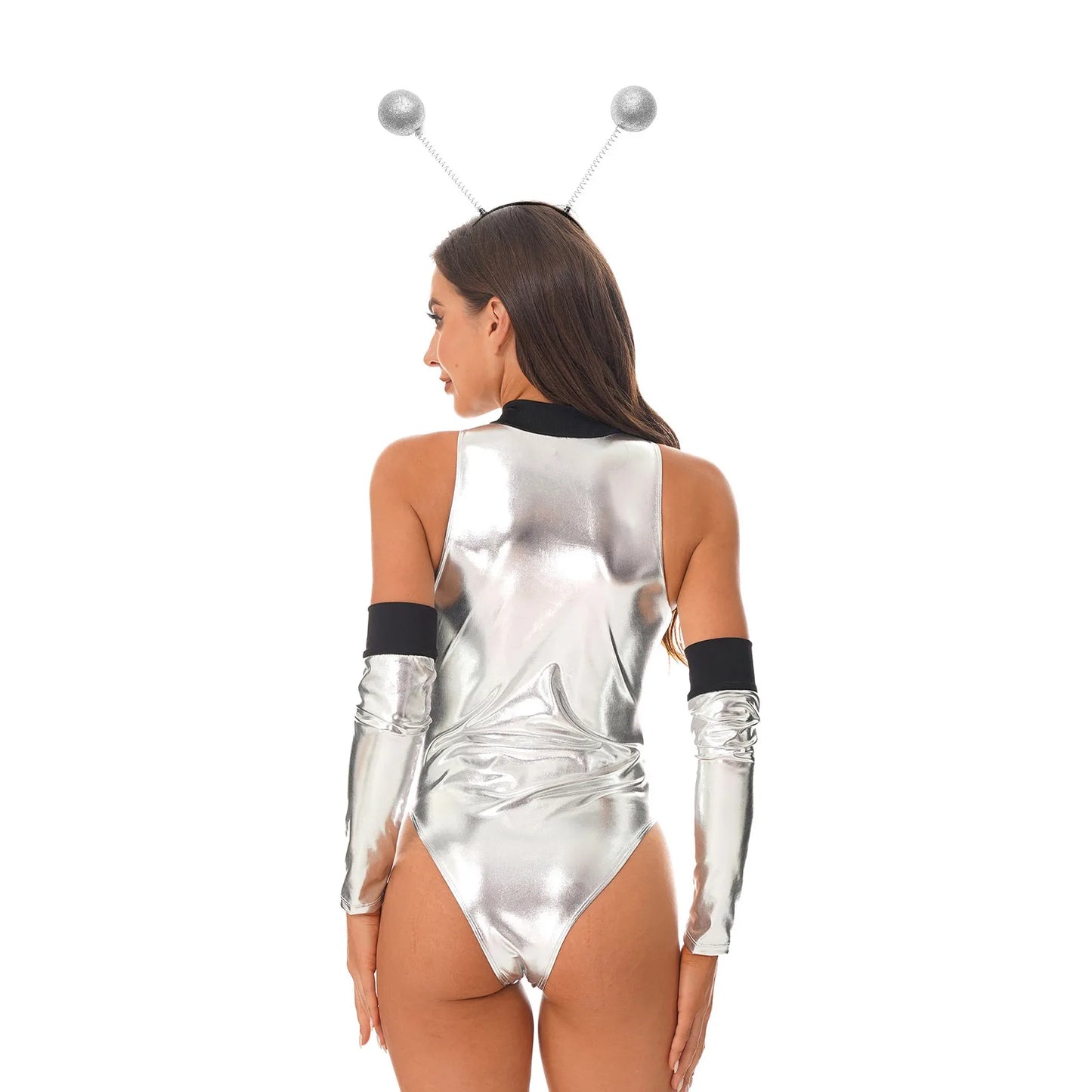 Womens Halloween Space Astronaut Costumes Robot Space Role Play Outfits Metallic Shiny Bodysuit with Alien Hair Hoop Tight Suit