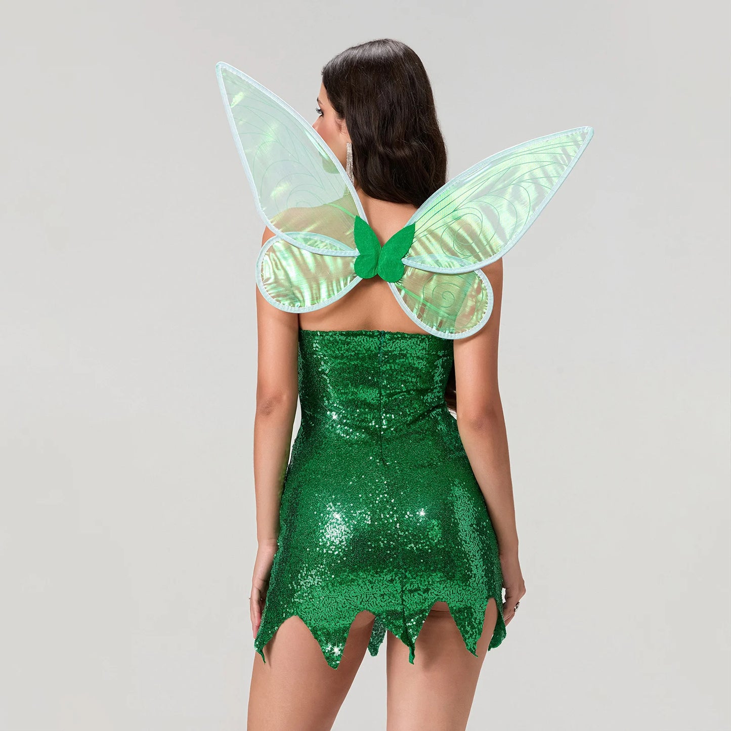 Combhasaki Women Fairy Tinker Bell Costume Glitter Bodycon Mini Dress with Butterfly Wing Fairy Halloween Party Cosplay Dress Up