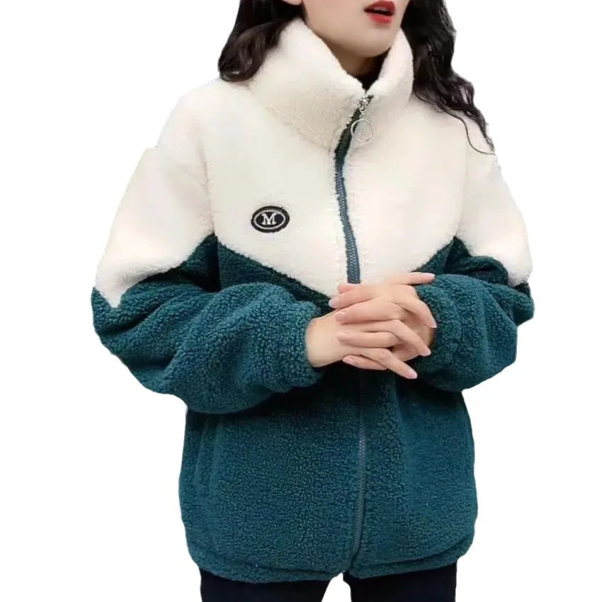 Colored Thickened Lamb Fleece Long Sleeve Mid Length Overcoat Warm Topcoat Quilted