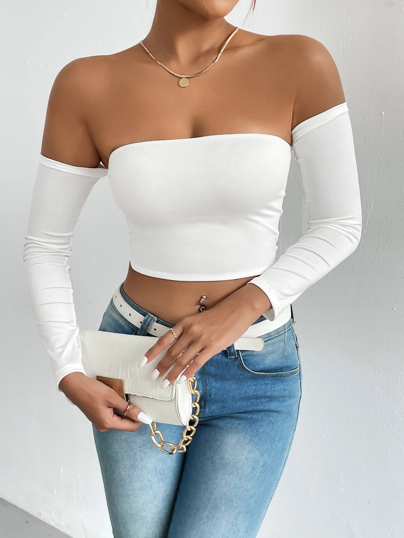 Off Shoulder Crop T-Shirt, Casual Long Sleeve