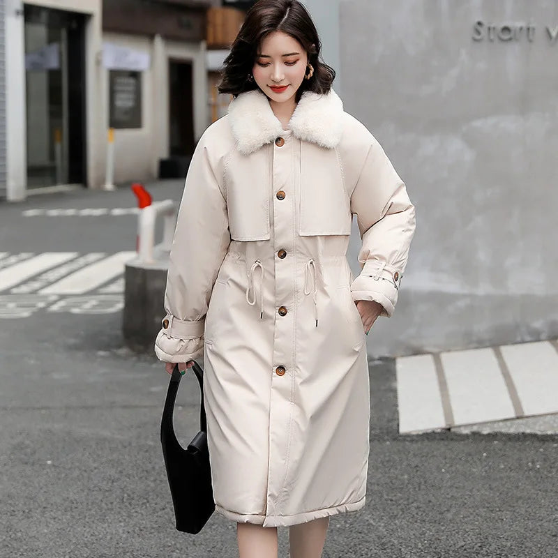 Thick Lamb Wool Down Jacket Women Winter Fur Collar Long Parka Coat