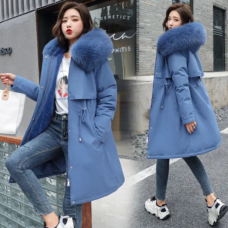 Women Parka Winter Jacket Clothes Loose Long Coat Wool Liner Hooded Jacket Fur Collar Warm Thick Snow Wear Woman Padded Parka